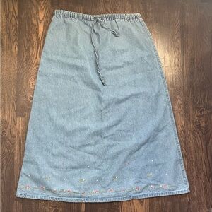 Women's Light Blue Denim Midi Skirt with Drawstring Waist